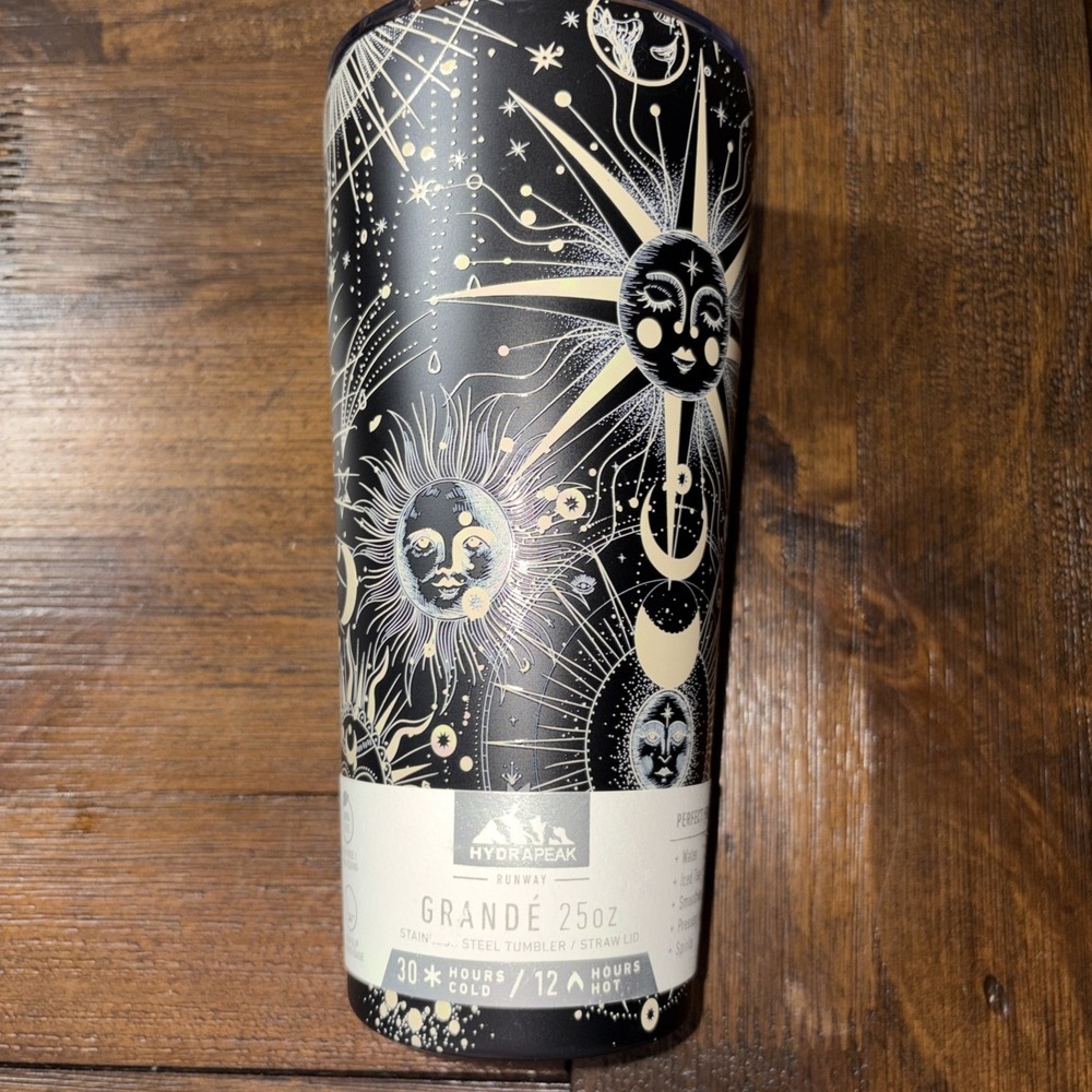 Hydrapeak Black And White Celestial Tumbler 25 Oz Ornate Designs Sun Moon Stars